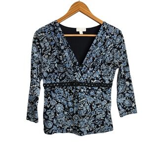 Charter Club Womens Top Small Blue Babydoll y2K Empire Waist Floral Artsy